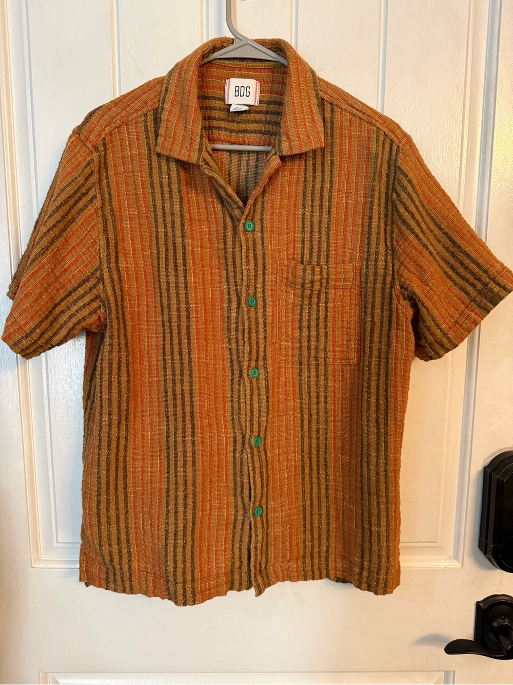 BDG Men’s Fauzy Cotton Striped Short-Sleeve Button-Up Shirt in Rust and Olive